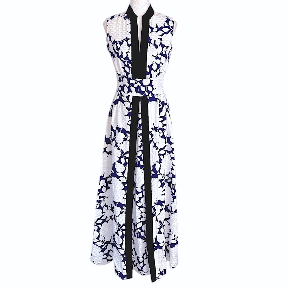 Vintage Custom 1970s White Blue Textured Floral Print Velvet Trim Maxi Dress - S